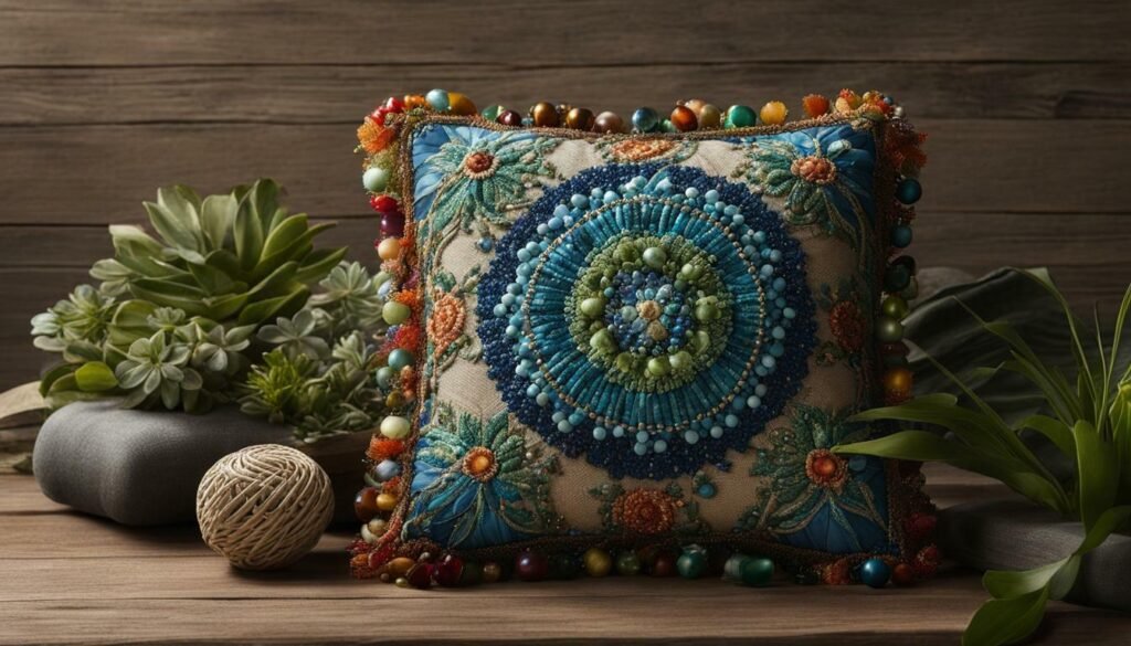 Bead embroidered throw pillow surrounded by decorative beads and embroidery tools