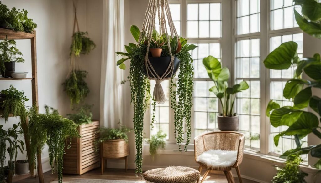 Macrame plant hanger with a potted plant